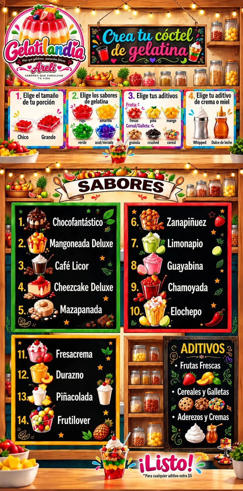 Menú Crea tu cóctel de gelatina: tamaños chico y grande, sabores de gelatina, aditivos de fruta, cereal y galleta, crema o miel, y 14 sabores